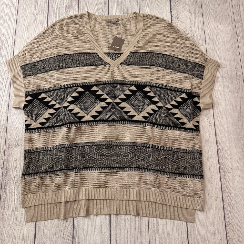 J.Jill Women's M/L Linen Blend Sweater Beige Black Geometric V-Neck NWT